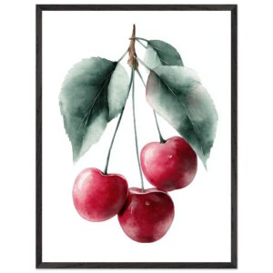 A framed poster print featuring three red cherries hanging from green leaves, set against a white background with a simple black frame.