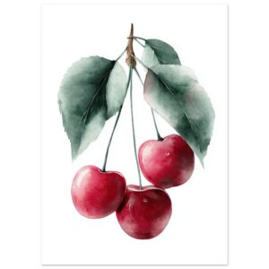 A watercolor illustration featuring three red cherries hanging from a branch with green leaves, set against a white background.