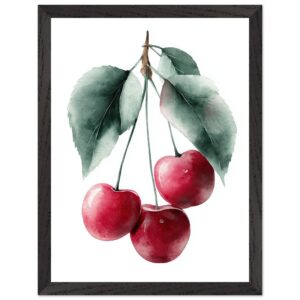 A framed poster print featuring three red cherries hanging from a branch with green leaves, illustrated in a soft watercolour style against a white background.