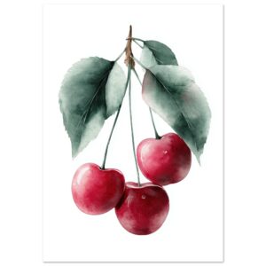 A watercolor illustration of three red cherries hanging from a branch with green leaves, set against a white background.