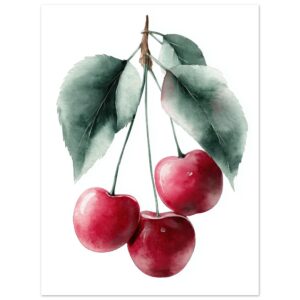 A watercolor illustration of three red cherries hanging from a branch with green leaves, set against a white background.