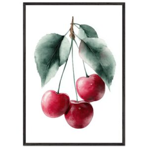 A framed poster print featuring three red cherries hanging from a branch, surrounded by green leaves, set against a white background.