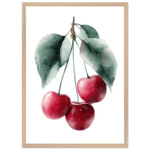 A framed poster print featuring three red cherries hanging from a branch with green leaves, illustrated in a watercolor style on a white background.