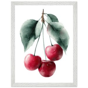 A framed poster print featuring three red cherries hanging from green leaves, illustrated in a watercolor style with soft, blended colors on a white background.