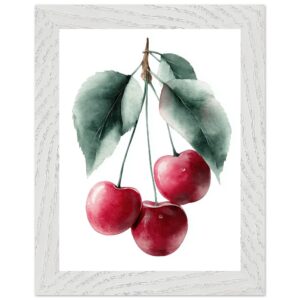 A framed watercolor illustration of three red cherries hanging from green leaves against a white background, featuring a textured white frame.