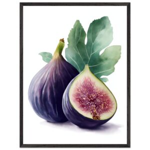 Two ripe figs, one whole and one cut in half, with a vibrant purple skin and pink interior, accompanied by green fig leaves, all set against a white background.