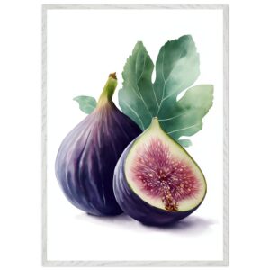 A watercolor illustration of two figs, one whole and one cut in half, with a green leaf, set against a white background in a light wooden frame.