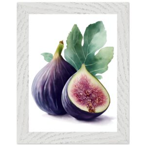 A watercolor illustration of two figs, one whole and one cut in half, with a green leaf, displayed in a white, textured frame.