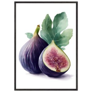A framed watercolor illustration of two figs, one whole and one cut in half, with green leaves in the background, showcasing rich purple and green hues.