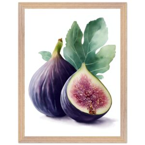 A watercolor illustration of two figs, one whole and one sliced, accompanied by green fig leaves, all framed in a light wood frame.