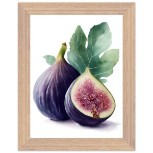 A framed watercolor illustration of two figs, one whole and one cut in half, with a green leaf in the background, set against a white backdrop.