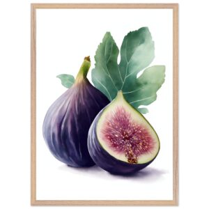 A watercolor illustration of two figs, one whole and one sliced, accompanied by green leaves, framed in a light wooden frame against a white background.