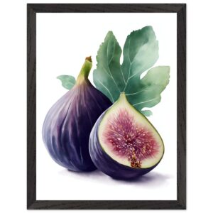 A watercolor illustration of two figs, one whole and one sliced, with a green leaf in the background, framed in a dark wood frame.