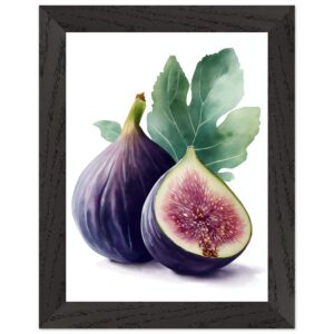 A framed watercolor illustration of two figs, one whole and one cut in half, with a green leaf in the background, set against a white backdrop.