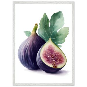 A watercolor illustration of two figs, one whole and one cut in half, with green leaves in the background, framed in a light-colored decorative border.
