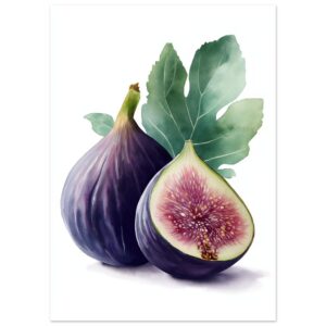 A watercolor illustration featuring two figs, one whole and one cut in half, with a green leaf in the background, showcasing rich purple and pink hues.