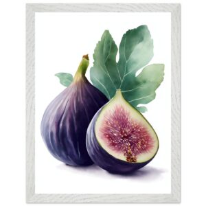 A watercolor illustration of two figs, one whole and one sliced, accompanied by green fig leaves, framed in a light wood frame.