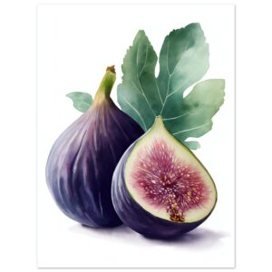 A watercolor illustration featuring two figs, one whole and one cut in half, with a green leaf in the background, showcasing rich purple and green tones.