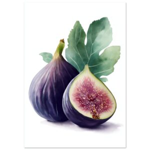 Two ripe figs, one whole and one cut in half, revealing its pink interior, accompanied by green leaves, all depicted in a soft watercolor style on a white background.