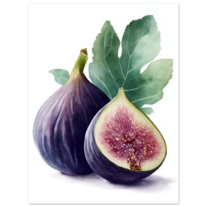 Two ripe figs, one whole and one sliced in half, with a vibrant purple skin and a pinkish interior, accompanied by green leaves, set against a white background.