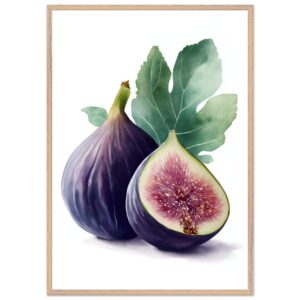 A watercolor illustration of two figs, one whole and one cut in half, with a green leaf, framed in a light wood frame against a white background.