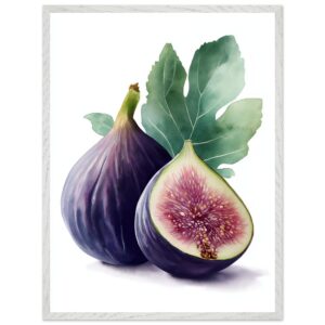 A watercolor illustration of two figs, one whole and one sliced, accompanied by green fig leaves, set against a white background in a simple white frame.
