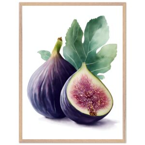 A watercolor illustration of two figs, one whole and one cut in half, with a green leaf in the background, framed in a light wood frame.