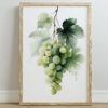 A framed watercolor print featuring a cluster of green grapes surrounded by green leaves, set against a white background, with a light wooden frame.