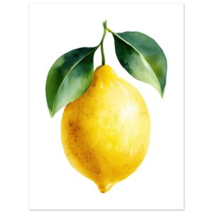A vibrant yellow lemon hangs from a branch with two glossy green leaves, set against a white background, showcasing detailed watercolor textures and soft shadows.