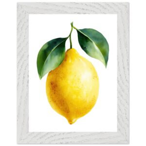 A vibrant yellow lemon with green leaves is depicted in a watercolor style, framed in a textured white frame against a plain white background.