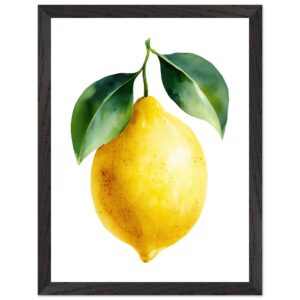A vibrant yellow lemon hangs from green leaves, depicted in a watercolor style, framed in a simple black frame against a white background.