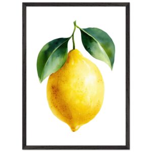 A vibrant yellow lemon with green leaves, illustrated in a watercolor style, displayed in a simple black frame against a white background.