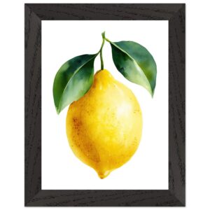 A framed watercolor illustration of a yellow lemon with green leaves against a white background, showcasing a realistic texture and vibrant colors.
