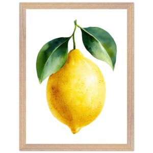 A vibrant yellow lemon hangs from green leaves, depicted in a watercolor style, framed in a light wood frame against a white background.