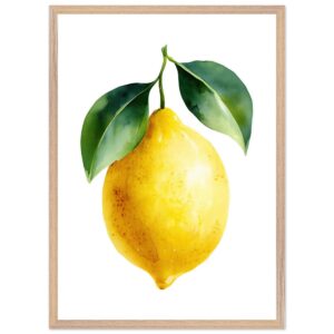 A vibrant yellow lemon with green leaves, illustrated in a watercolor style, framed in a light wood frame against a white background.