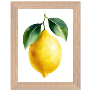 A vibrant watercolor illustration of a lemon with green leaves, framed in a light wooden frame, set against a white background.