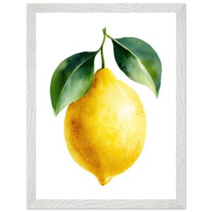 A vibrant yellow lemon with green leaves, illustrated in a watercolor style, framed with a light wood border against a white background.
