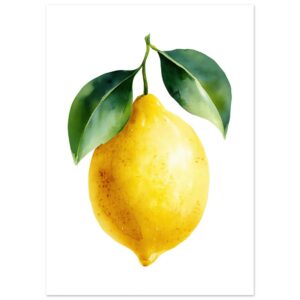 A vibrant yellow lemon with green leaves is depicted against a white background, showcasing detailed watercolor textures and subtle shading.