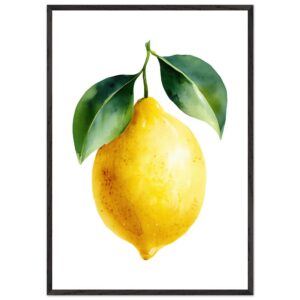 A vibrant yellow lemon with green leaves, illustrated in a watercolor style, displayed in a simple black frame against a white background.