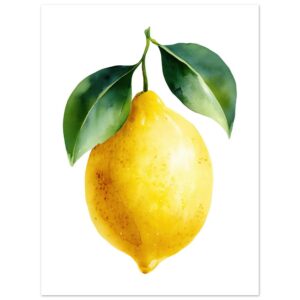 A vibrant yellow lemon with green leaves, depicted in a watercolor style against a white background, showcasing detailed textures and natural colors.