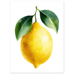 A vibrant yellow lemon with green leaves, illustrated in a watercolor style, set against a white background, showcasing the fruit's texture and natural colors.