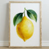 A framed watercolor illustration of a yellow lemon with green leaves, set against a white background, displayed on a light-colored wooden floor.