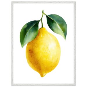 A vibrant yellow lemon with green leaves is depicted in a watercolor style, framed in a simple white border, set against a plain background.