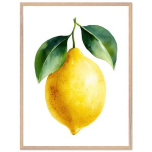 A vibrant yellow lemon with green leaves, depicted in a watercolor style, framed in a light wooden frame against a white background.