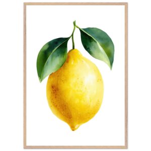 A vibrant yellow lemon with green leaves, illustrated in a watercolor style, framed in a light wooden frame against a white background.