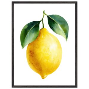 A vibrant yellow lemon with green leaves, depicted in a watercolor style, framed in a simple black frame against a white background.