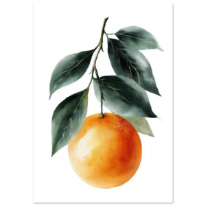A vibrant orange fruit hangs from green leaves, depicted in a watercolor style with soft brush strokes and a light background, emphasizing the natural colors and textures.