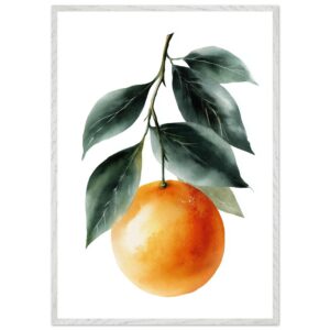 A vibrant orange watercolor art print featuring a single orange hanging from a branch with green leaves, set against a white background in a simple white frame.