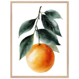 A vibrant orange watercolor illustration featuring a single orange fruit hanging from a branch with green leaves, framed in a light wood border.