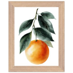 A framed art print featuring a realistic orange hanging from a branch with green leaves, set against a white background.